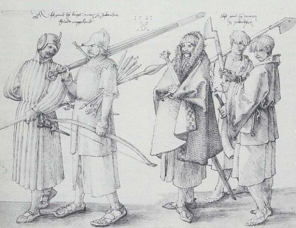 Medieval drawing of Irish galloglaigh warriors by German artist Albrecht Duerer.