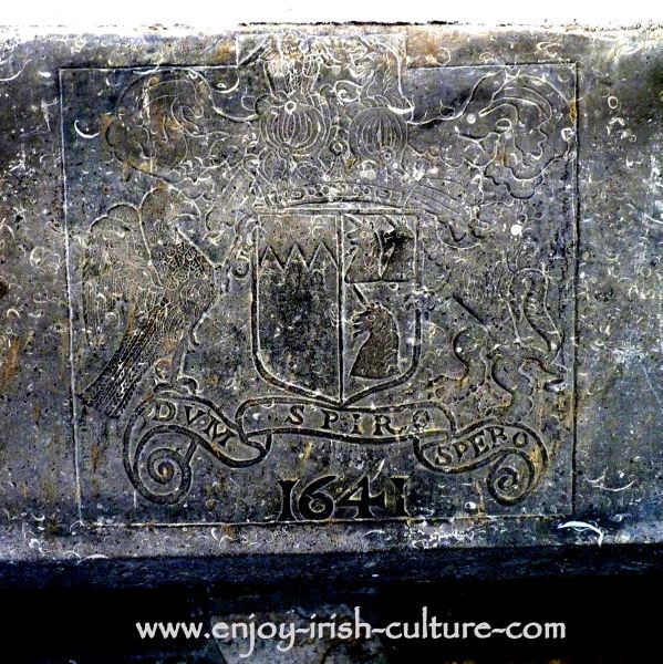 The Butler family crest carved into a fireplace at the Ormond Castle, Carrick on Suir, Tipperary, Ireland,
