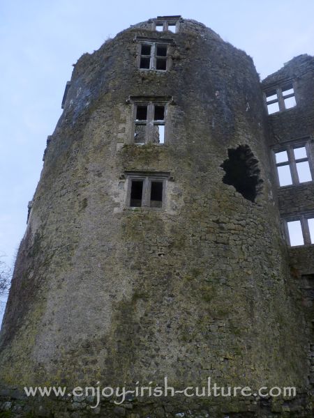 Roscommon Castle, Ireland- close up of a tower with added mullion windows.