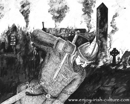 Vikings attack an Irish monastery- artist impression by Colm Sweeney.