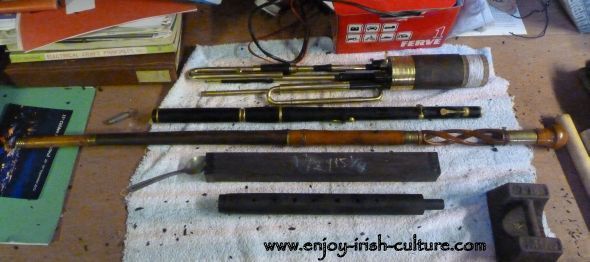 Traditional wooden flutes at the workshop of Irish instrument maker Eugene Lambe.