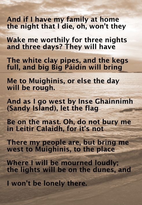 Lyrics of Amhrán Mhuighinse, aan Irish song in the sean nos style, verse 5 and 6 in English.