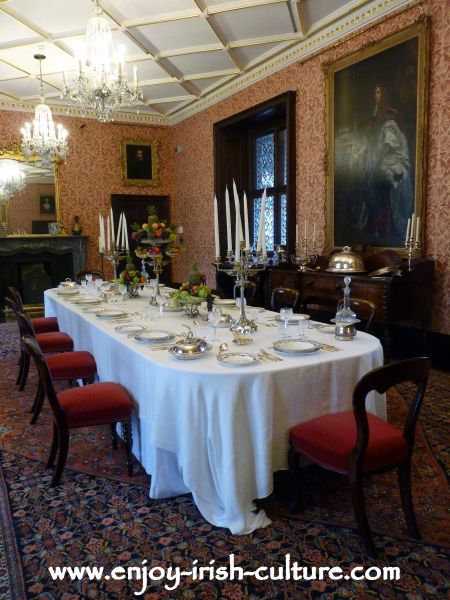 The fashionable country mansions' dining room of the 1800's at Kilkenny Castle, Ireland.