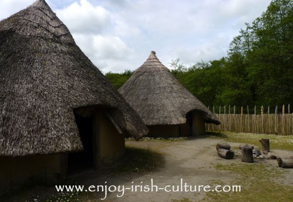 The reconstructed ancient Ireland crannog dwelling place at the outdoor heritage museum of Craggaunowen at Quin, County Clare, Ireland.