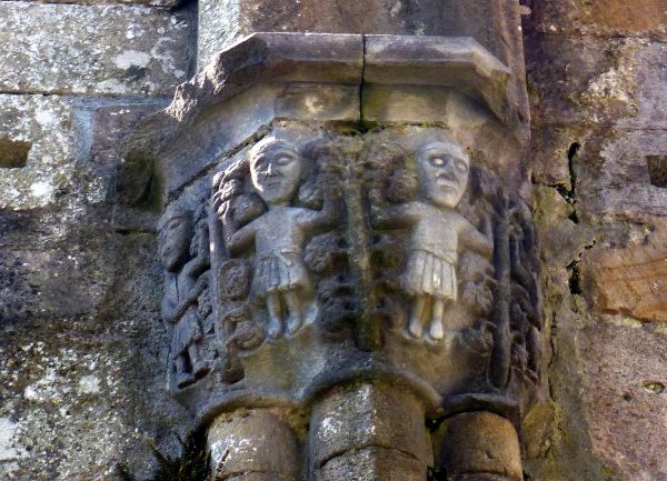 Abbey at Boyle, County Roscommon, Ireland, carvings of medieval monks with long hair showing the monastery hairstyle (tonsure) of the time.