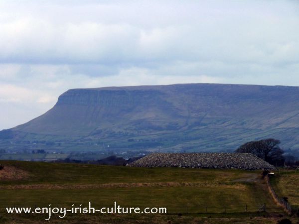 The Listoghil passage grave in front of Ben Bulben mountain, County Sligo, Ireland.