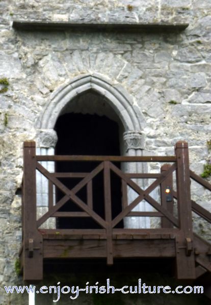The high up entrance door- accessible through a wooden stairs at Athenry Castle in County Galway, Ireland.