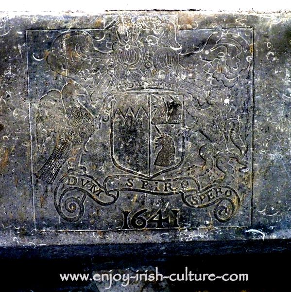 The Butler family crest carved into a fireplace at the Ormond Castle, Carrick on Suir, Tipperary, Ireland,
