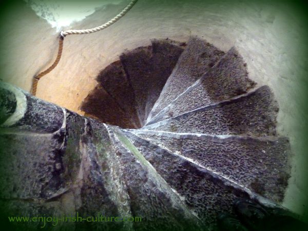 Defensive stairway at Aughnanure Castle, Oughterrard, County Galway, one of the best medieval castles in Ireland.