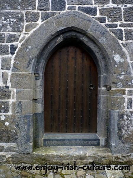 Entrance door at Annaghdown Castle, County Galway, Ireland.
