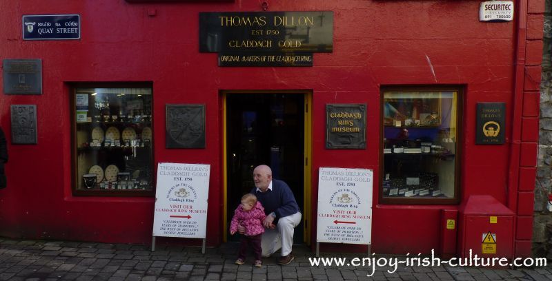 Shop front of Dillon's Jewellers, the oldest maker of the ring, Quay Street, Galway, Ireland.