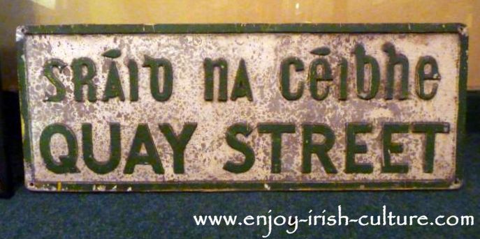 Antique street sign in the ring museum at Dillon's Jewellers on Quay Street, Galway, Ireland.