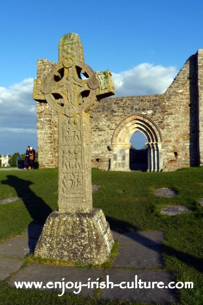 Cross of the Scriptures and Cathedral at Clonmacnoise, Ireland's most important early Christian monastery in County Offaly.
