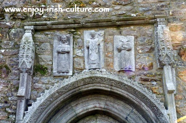 Carvings of saints above the Cathedral doorway at Clonmacnoise, Ireland's most important early Christian monastery in County Offaly.