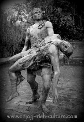 This sculpture at Ardee, County Louth, Ireland depicts CuChullainn carrying his dead brother Ferdia.
