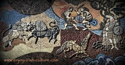 Desmond Kinney mural at Nassau Street, Dublin, Ireland, depicting scenes from the ancient Irish myth, the Ulster Cycle.