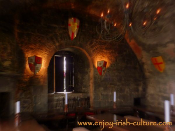 The banqueting hall at the castle in soft focus.