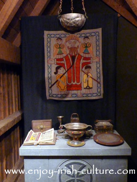 Replica of Saint Ciarans first church at the museum at Clonmacnoise, County Offaly, which is the most important medieval Irish monastery.