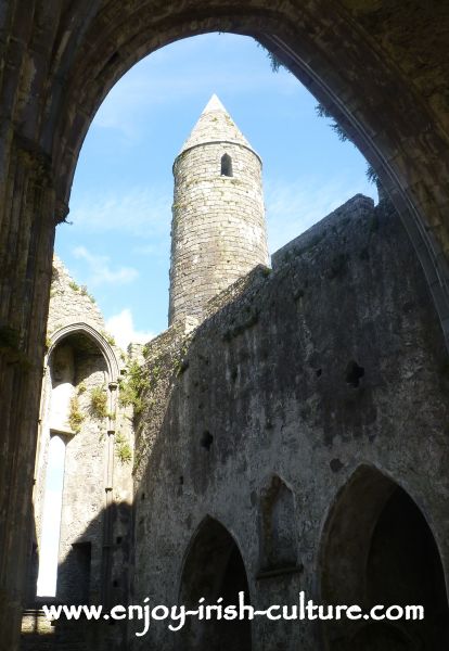 The Rock of Cashel, Cathedral arches and round tower.