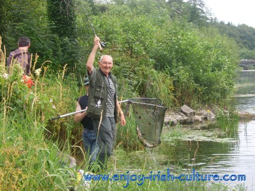 Fishing for salmon at the Cong river, County Mayo, Ireland.