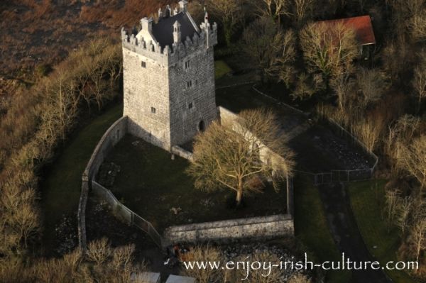 Irish castle at Annaghdown, County Galway, aerial view.