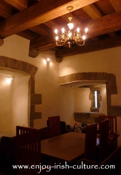 Irish castle, Annaghdown, County Galway, downstairs vaulted room, now used as a kitchen. Once upon a time this was a spance for storage or for housing animals.