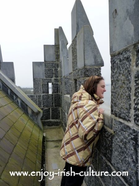 Irish castle, Annaghdown, County Galway, up on the battlements with owner Jessica Cooke.