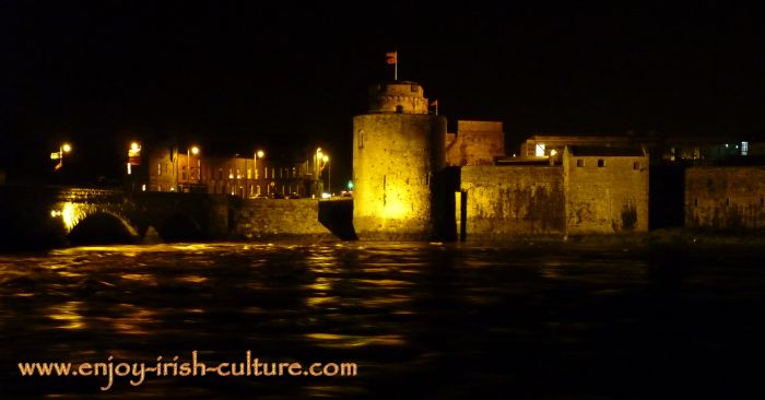 Limerick Castle, Limerick, Ireland, lit at night.