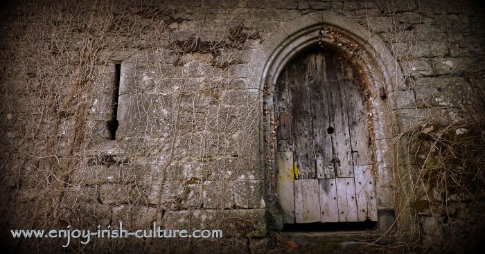 The door of the Desmond Castle or Bourchier Castle, County Limerick, Ireland.