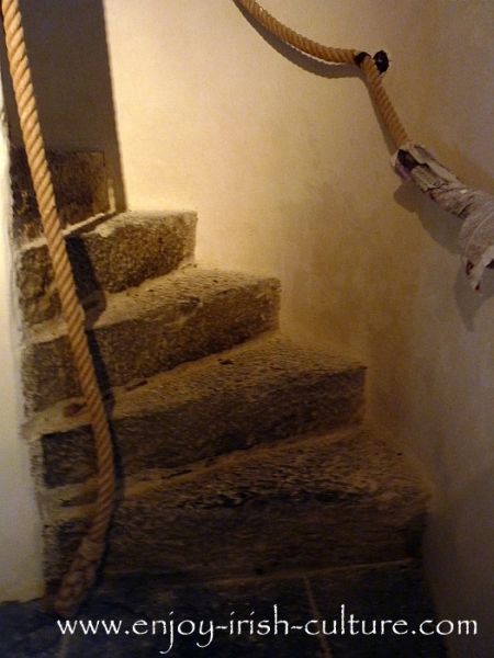 Defensive stairway at the Irish castle at Annaghdown, County Galway, Ireland.