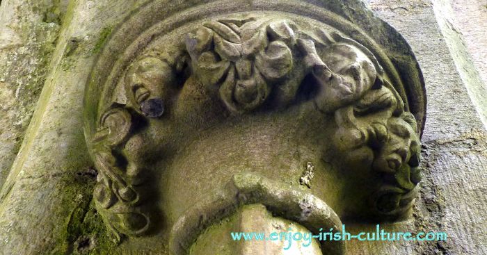 Stone carving at the Cathedral at the Rock of Cashel, County Tipperary, Ireland.