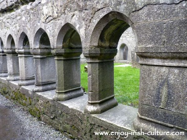 The unusual internal cloiser at Ross Errilly Friary, County Galway, Ireland.