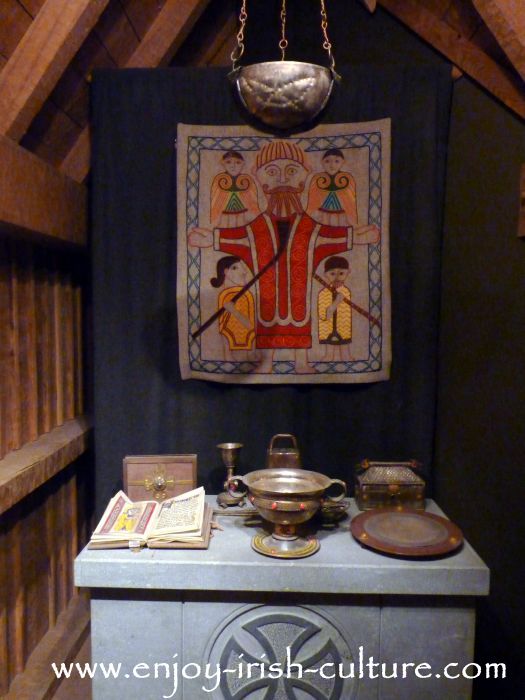 Early Christian Irish Church, as those built by Saint Patrick exhibited at the museum at Clonmacnoise monastery, County Offaly, Ireland.
