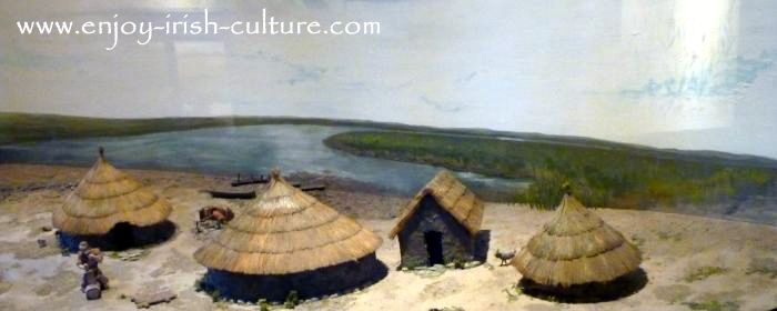 Model of an early Christian Irish community. People lived in round houses, but the church was rectangular.
