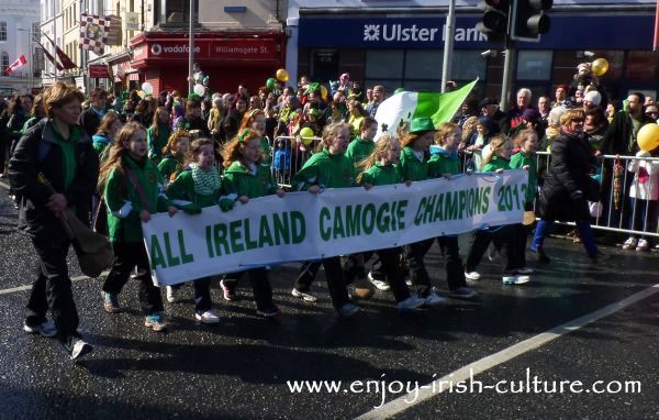 Paddy's Day in Galway, Ireland- camogie team in the parade.