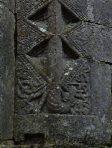 Viking art motifs, seen here at Annaghdown Cathedral, County Galway, Ireland.
