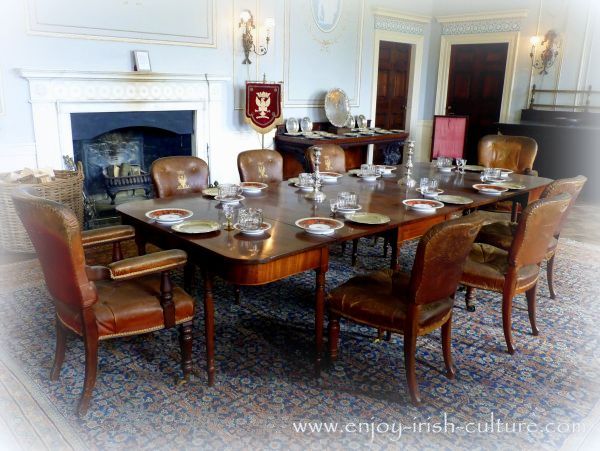 Dining room at the Irish big house at Westport, County Mayo, Ireland.